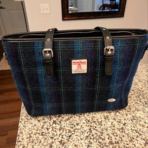 Blue and Black Plaid Bag with Leather Handles